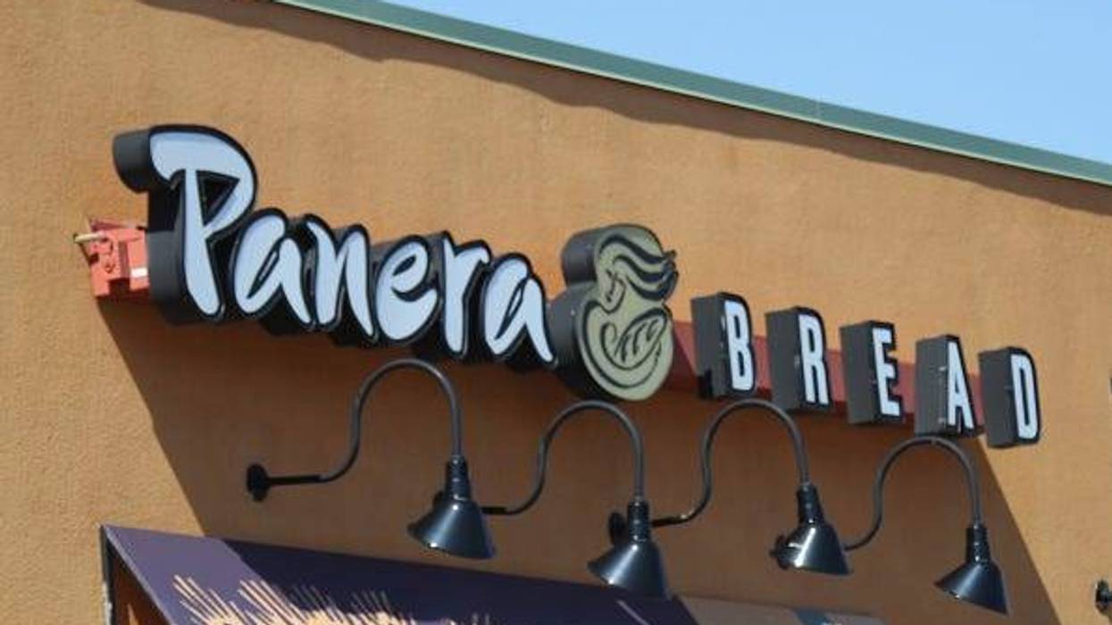 Panera sign on restaurant in a stock image