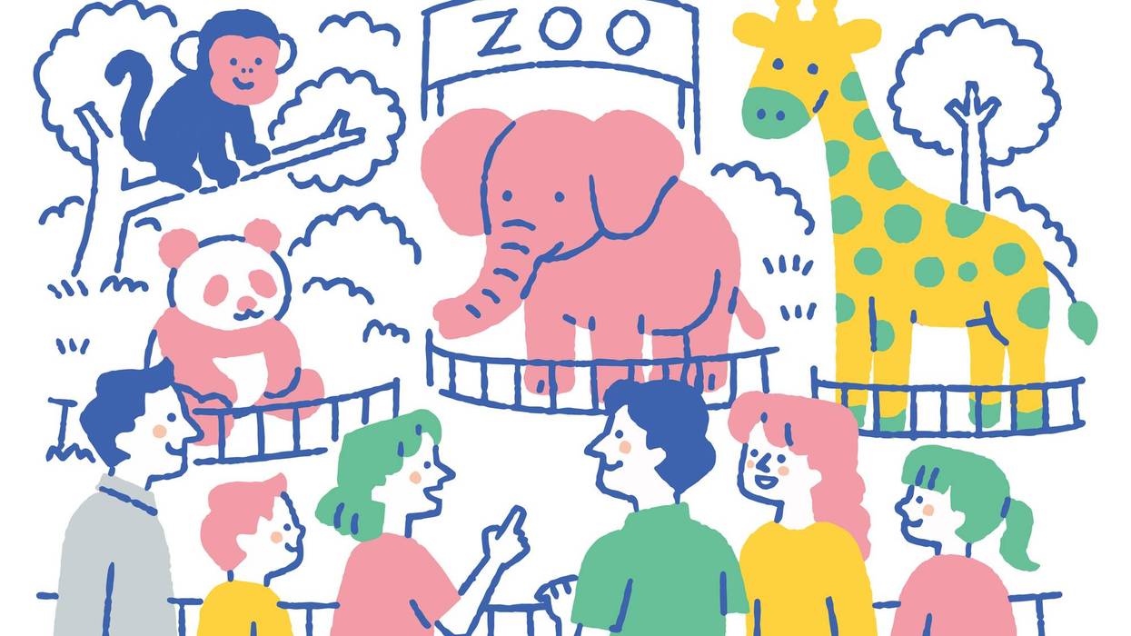 Parents and children fascinated by pandas and elephants_Color