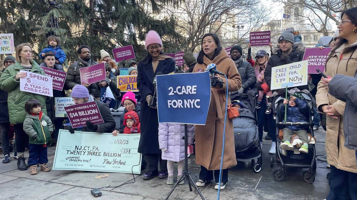 Parents, toddlers and local officials march at City Hall in support of universal 2-Care in New York City on Jan. 12, 2025.