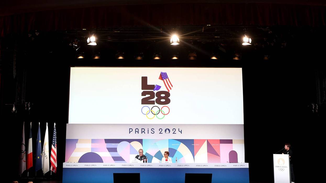 PARIS, FRANCE - AUGUST 10: A general view as the LED screen, depicting the LA28 Olympics logo, is seen whilst Casey Wasserman, LA28 Chairperson and President, and Karen Bass, Mayor of Los Angeles, speak at the LA28 Press Conference on day fifteen of the Olympic Games Paris 2024 at the Main Press Centre on August 10, 2024 in Paris, France.