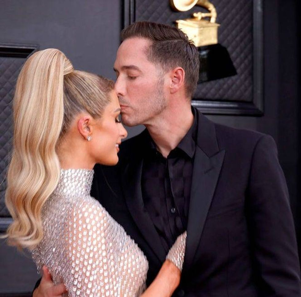 Paris Hilton and Carter Reum attend the 64th Annual GRAMMY Awards at MGM Grand Garden Arena on April 03, 2022 in Las Vegas, Nevada