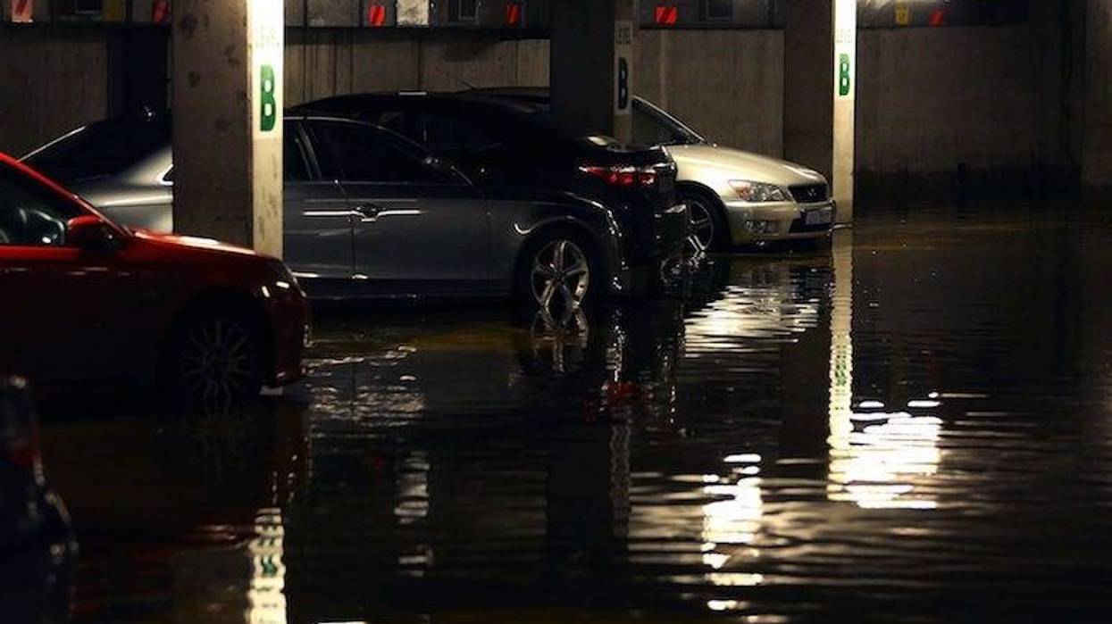Parking Garage, Cars, Flooded, Water, Dark