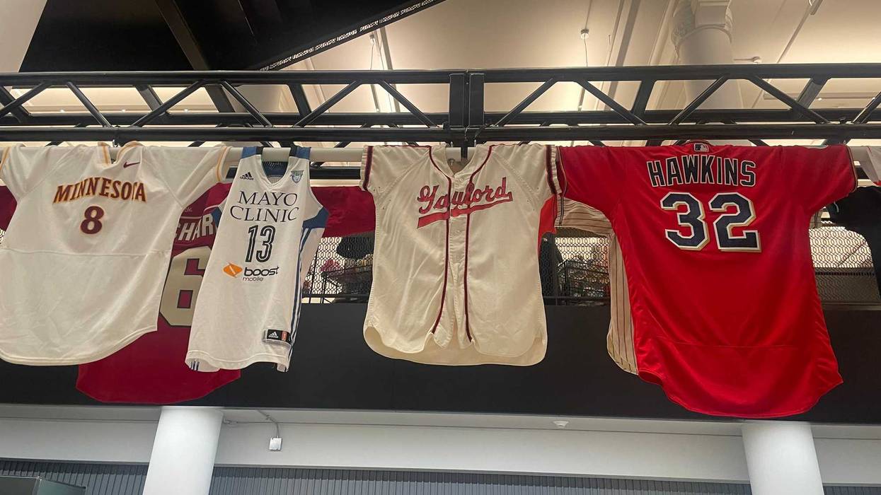 Part of the jersey display at the new Minnesota Sports Hall of Fame Experience at the Dayton's Holiday Market in downtown Minneapolis.