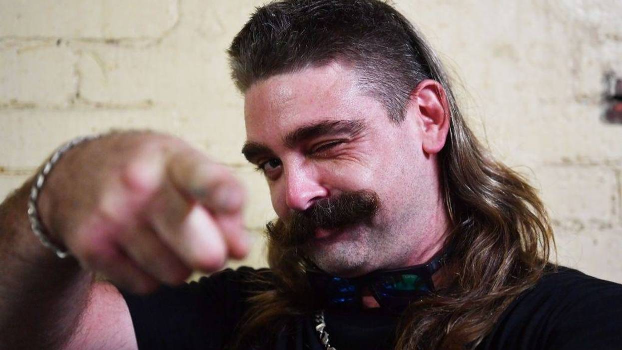 Participant Aaron Styles poses for a photograph during Mulletfest 2020 at the Chelmsford Hotel on February 29, 2020 in Kurri Kurri, Australia.