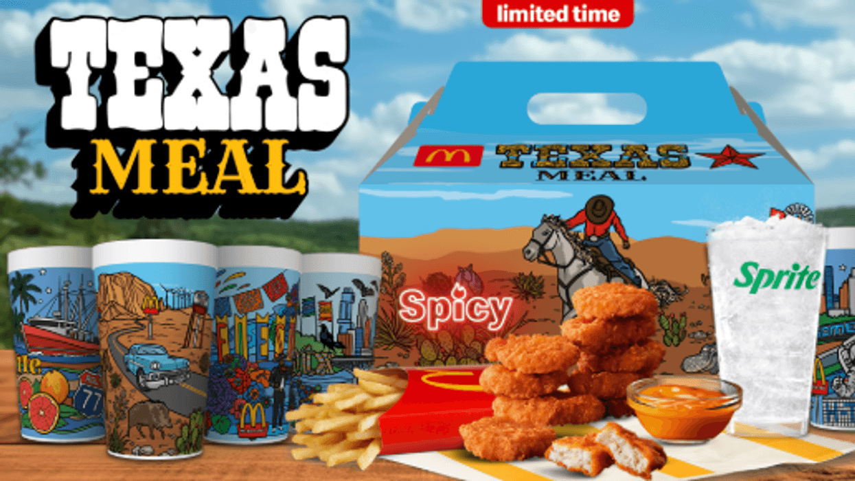 Participating McDonald’s restaurants across Texas begin selling a limited-time Texas Meal on Tuesday, built around a 10-piece order of Chicken McNuggets or Spicy Chicken McNuggets, medium fries and a medium drink.