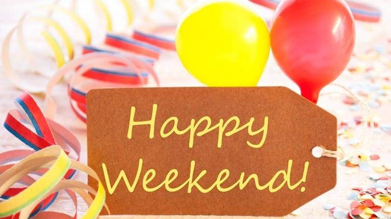 Party Label, Streamer And Balloon, Yellow Text Happy Weekend.