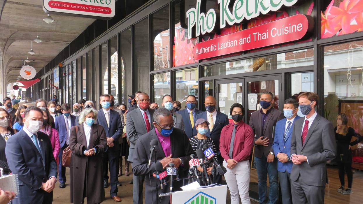 Pastor Dr. Phillip Boone of the Cathedral of Higher Praise in New Haven speaks at the "Hate Has No Home in the Elm City" press conference.