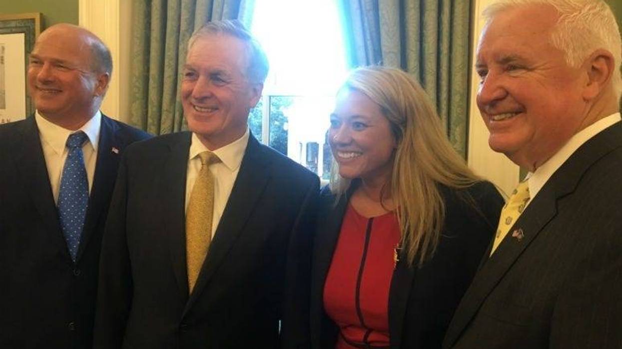 Pat Burns, chairman; former Gov. Mark Schweiker; Cassandra Coleman, executive director; former Gov. Tom Corbett at commission swearing-in ceremony at the governor's residence