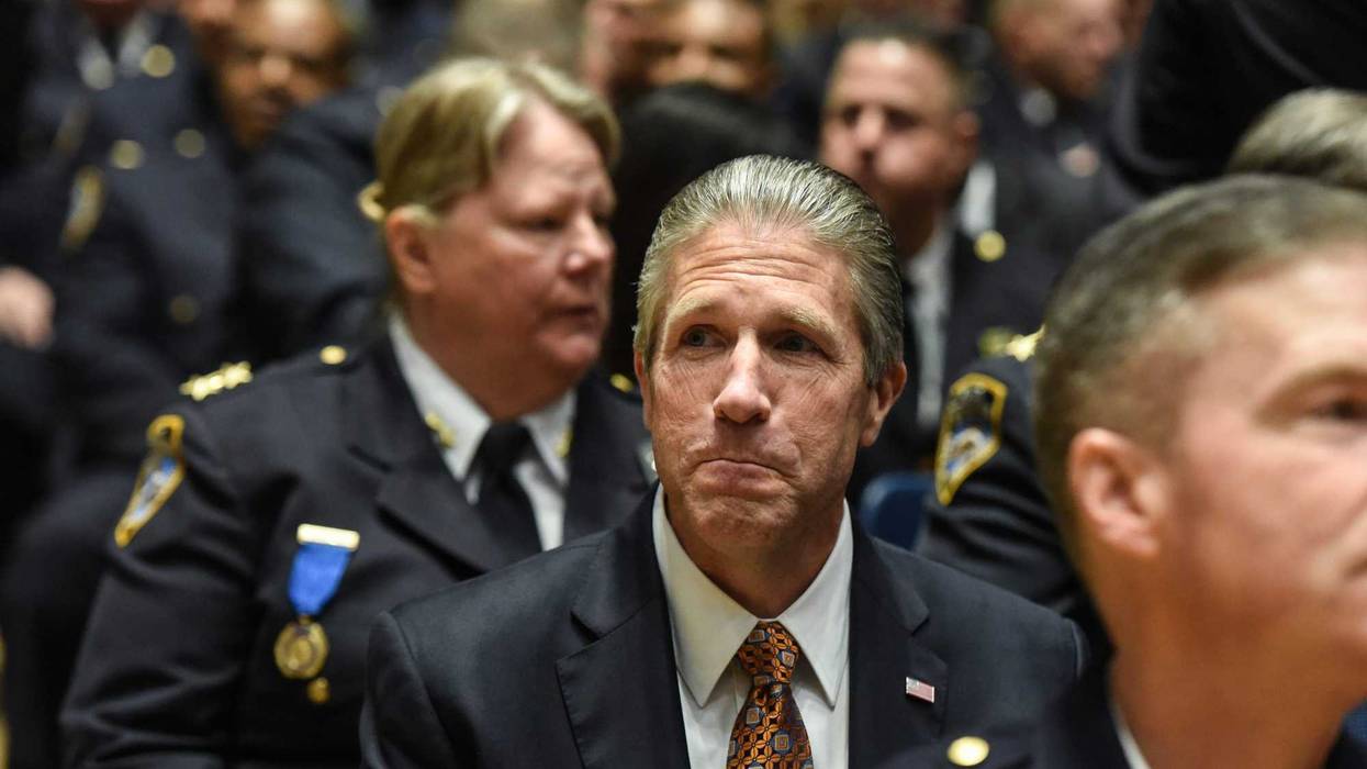 Pat Lynch (center R), head of the Police Union in New York City, attends Dermot Shea's swearing in ceremony as the new NYPD Police Commissioner on December 2, 2019 in New York City.