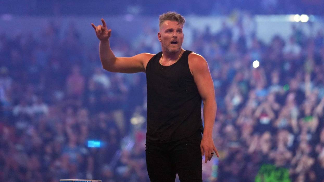 Pat McAfee celebrates during WrestleMania at AT&T Stadium.