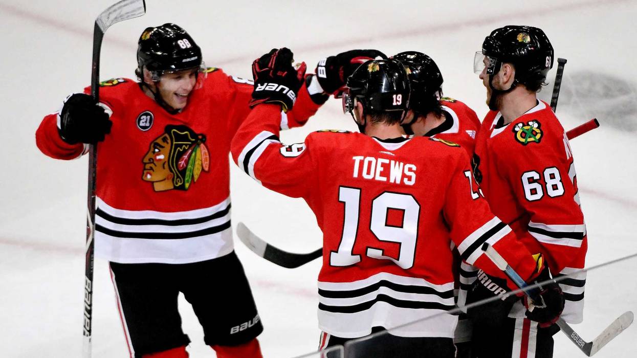 Patrick Kane (88) and the Blackhawks celebrate.
