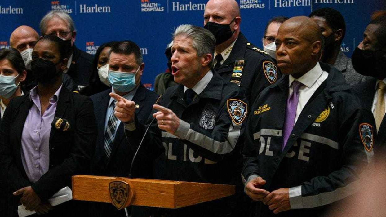 Patrick Lynch, President of the Police Benevolent Association of the City of New York, speaks to members of the media at Harlem Hospital on January 21, 2022 in New York City.