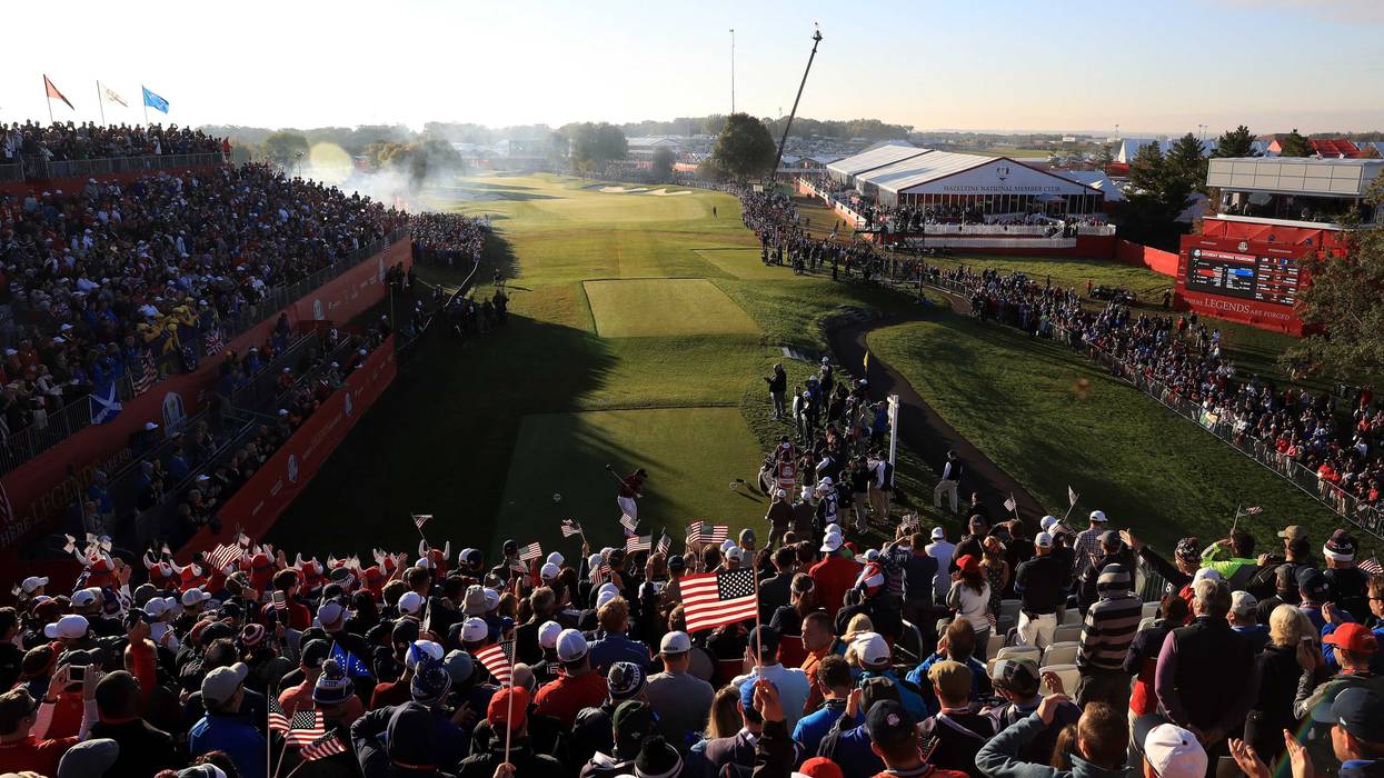 Patrick Reed of the United States prepares to hit off the first tee during morning foursome matches of the 2016 Ryder Cup at Hazeltine National Golf Club on October 1, 2016 in Chaska, Minnesota.