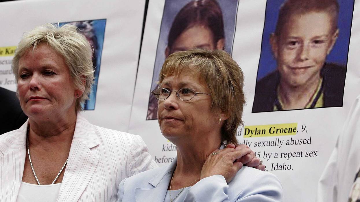 Patty Wetterling (right) participates in a rally in support of the Children's Safety Act July 26, 2005 on Capitol Hill in Washington, DC.