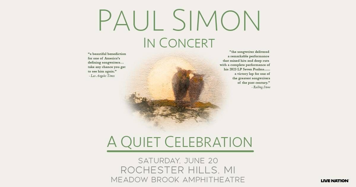 Paul Simon: A Quiet Celebration concert poster, two owls, June 20 in Rochester Hills, MI.