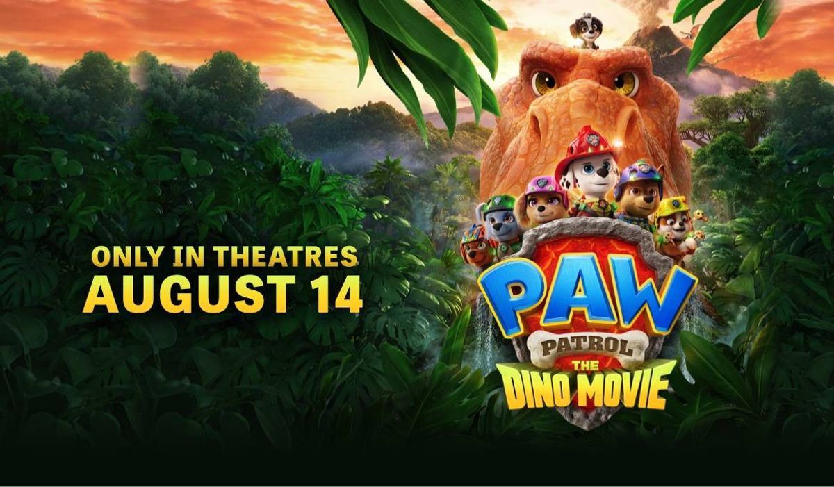 PAW Patrol The Dino Movie: Pups, dinosaur, and jungle setting. In theaters August 14.