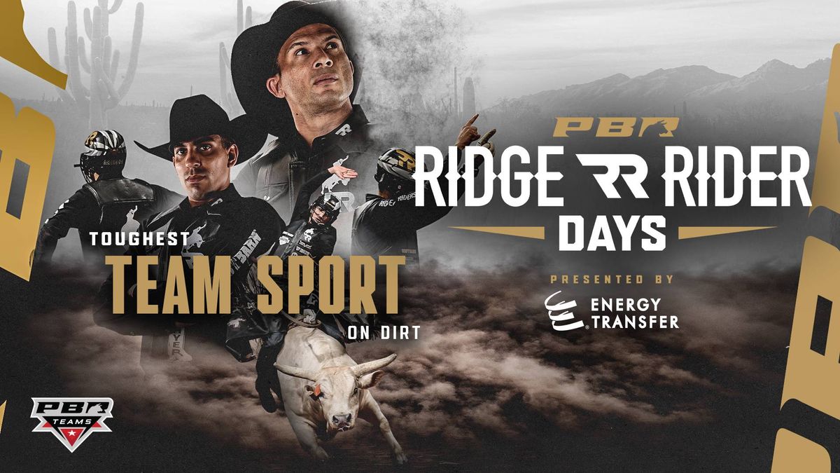 PBR Ridge Rider Days poster: Bull riders, a bucking bull, desert landscape, "Toughest Team Sport on Dirt".