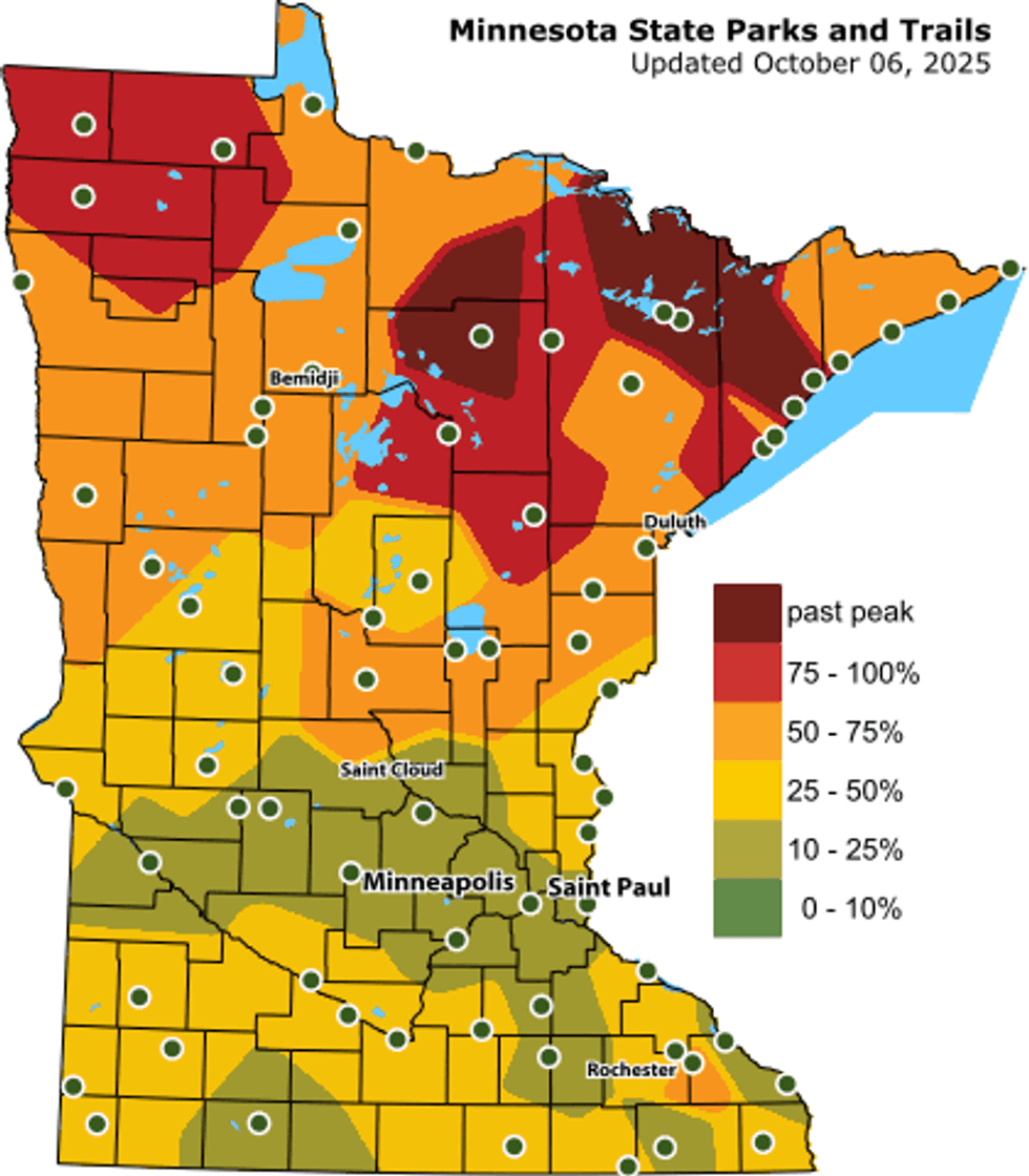 Peak fall colors have arrived - and it is turning Minnesota parks into weekend parking lots.