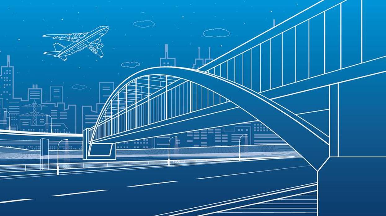 Pedestrian bridge across the highway. Road overpass. Urban infrastructure, modern city on background, industrial architecture. White lines illustration, night scene, vector design art