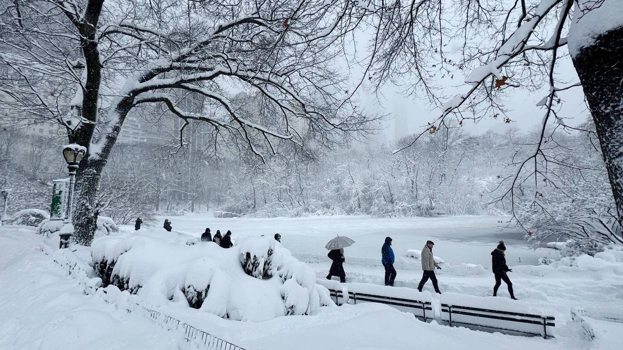 Pedestrians walk through snow in Central Park during a winter storm in New York on Feb. 23.