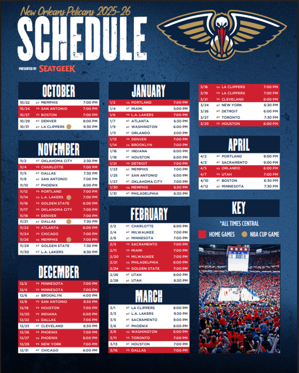 Pelicans announce regular season schedule