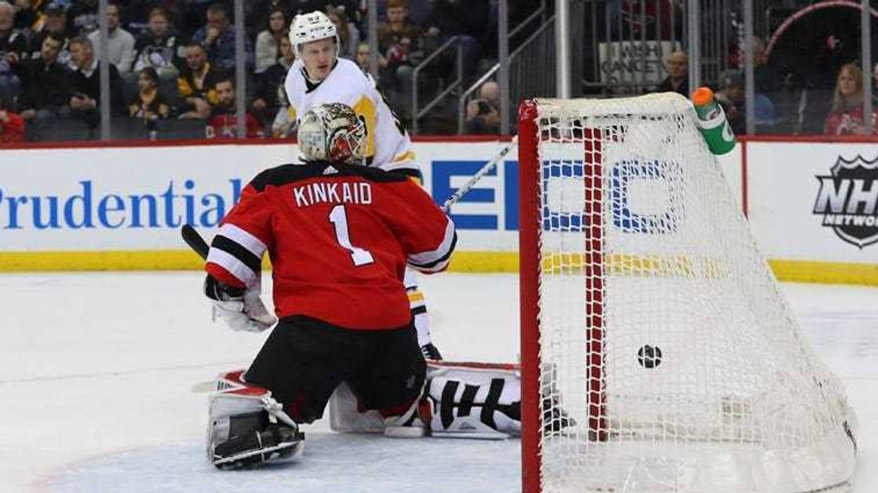 Penguins center Nick Bjugstad (not shown) scores a goal on New Jersey Devils goaltender Keith Kinkaid on Feb. 19, 2019, at the Prudential Center.