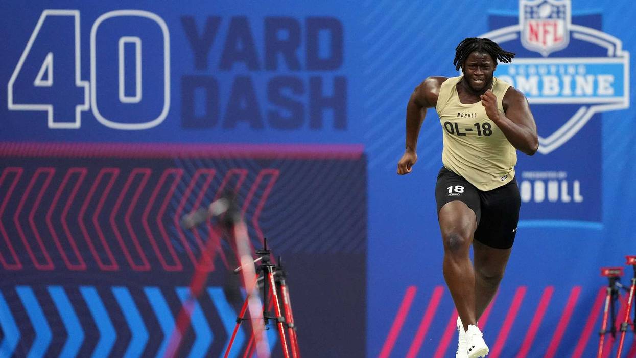 Penn State offensive lineman Olu Fashanu (OL18) during the 2024 NFL Combine at Lucas Oil Stadium.