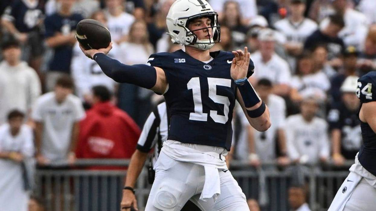 Penn State quarterback Drew Allar (15) throws a pass against Indiana during the first half of an NCAA college football game, Saturday, Oct. 28, 2023, in State College, Pa. (AP Photo/Barry Reeger)