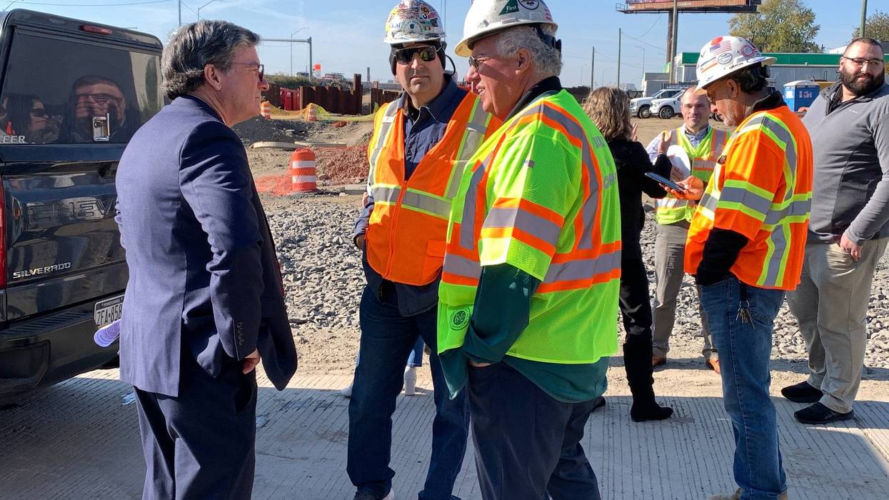 PennDOT Secretary Michael Carroll speaks with construction crews at the construction site on Nov. 6, 2023.