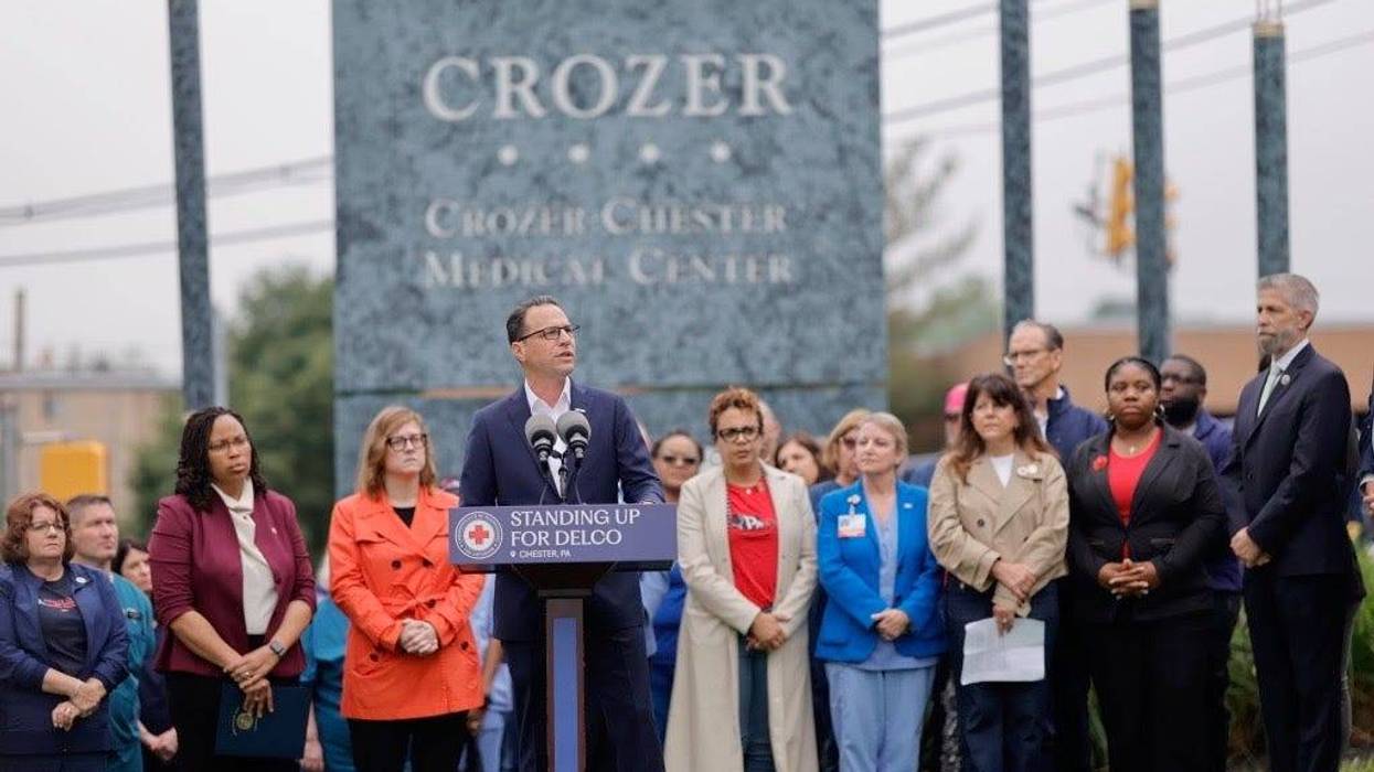 Pennsylvania Gov. John Shapiro announces proposed legislation in front of the now-closed Crozer-Chester Medical Center in Chester, Delaware County, May 15, 2025.