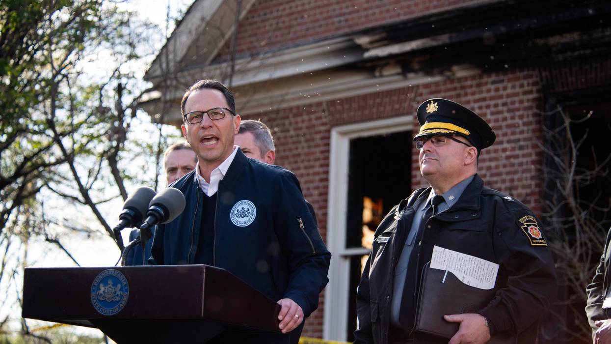 Pennsylvania Gov. Josh Shapiro speaks during a press conference outside of the Governor's Mansion after a portion of the property was damaged in an arson fire on April 13 in Harrisburg.