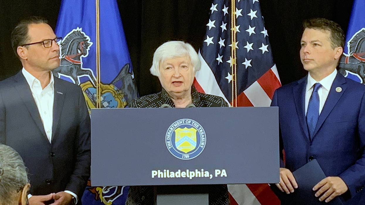 Pennsylvania Gov. Josh Shapiro, Treasury Secretary Janet Yellen and U.S. Rep. Brendan Boyle