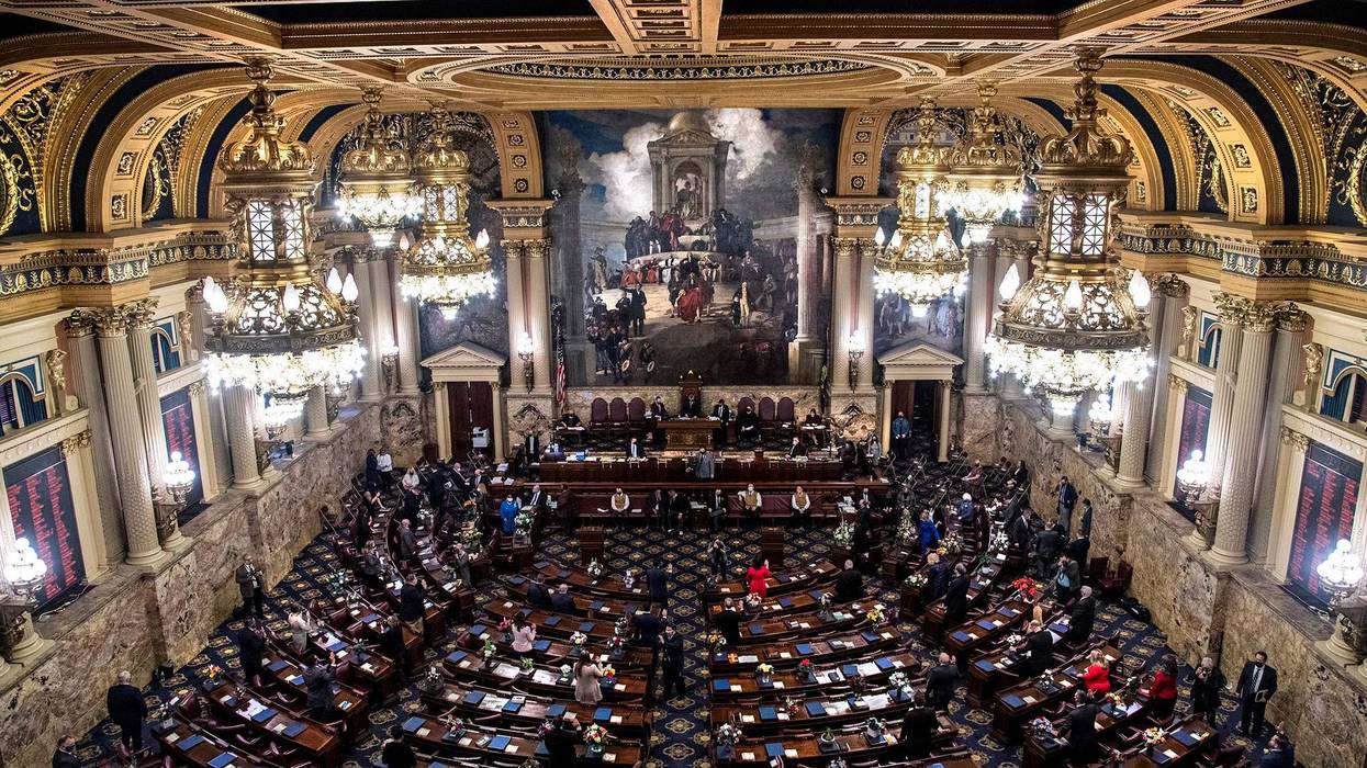 Pennsylvania lawmakers take the oath of office in the House chamber in the Capitol building in Harrisburg, PA in 2021. They will do so again this week.