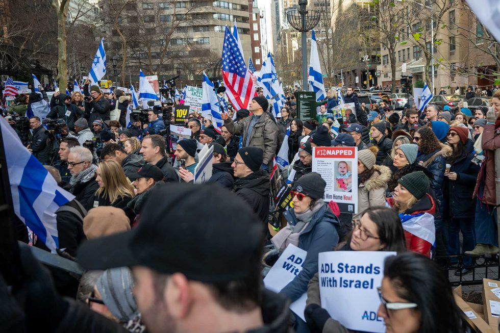 People demonstrate for the release of hostages kidnapped by Hamas on Oct. 7 during a 100 Days of Captivity rally outside the UN Headquarters on January 12, 2024 in New York City.
