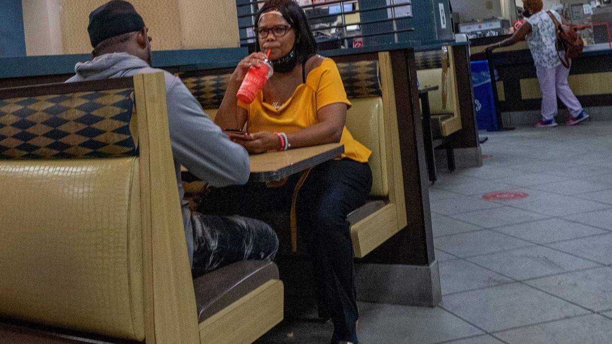 People eat at a restaurant on August 3, 2021 in New York City. Mayor Bill de Blasio has just announced "first in the nation" vaccine requirements.