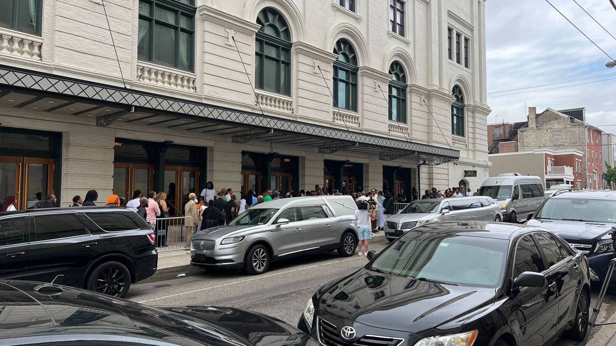 People enter The Met Philadelphia for the funeral service for 25-year-old Devin Spady — better known by his rap name YNG Cheese — who was shot and killed in Olney on July 20, 2023.