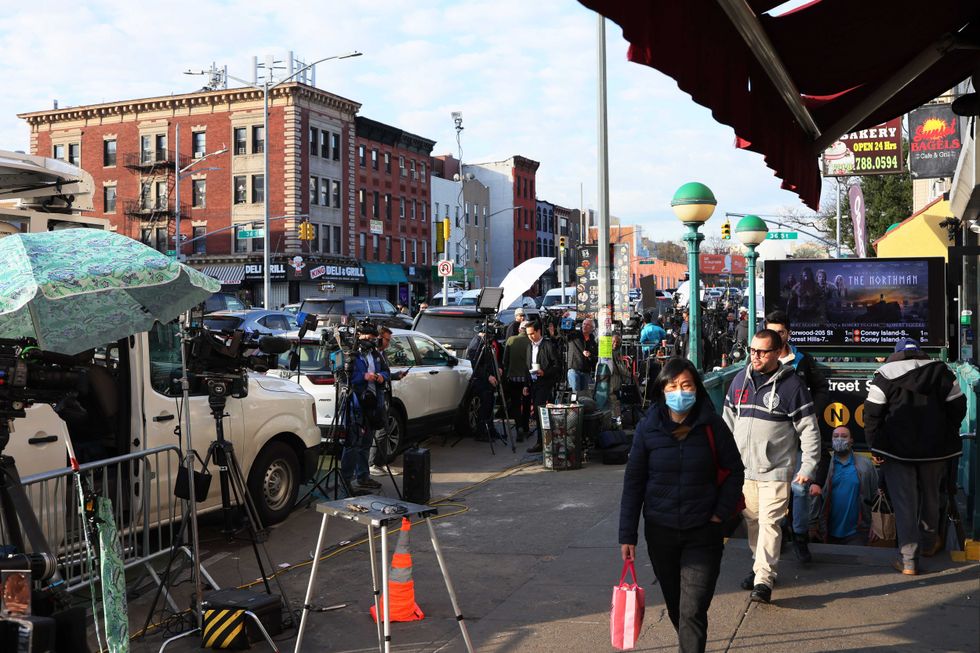 People exit the 36th Street subway station on April 13, 2022 in the Sunset Park neighborhood of Brooklyn