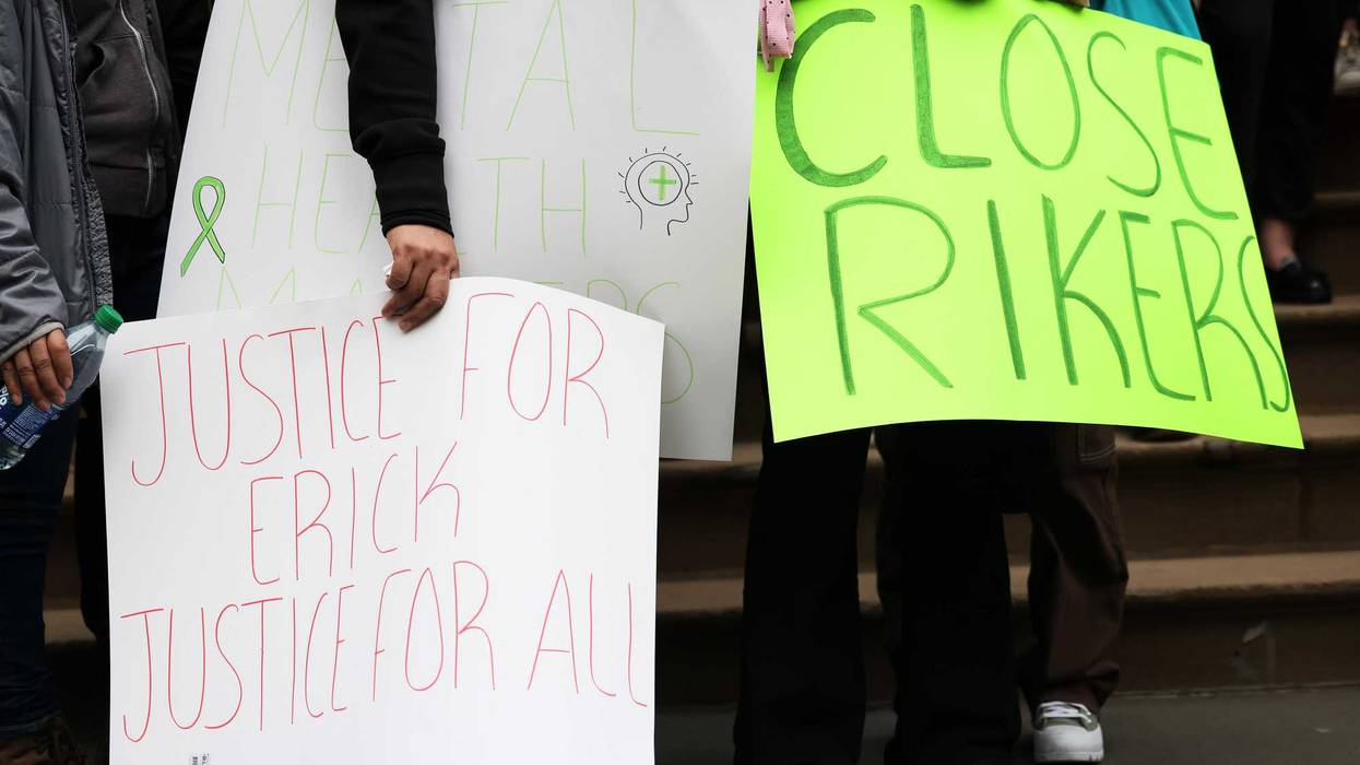 People gather at City Hall for a rally to protest the 17th death on Rikers Island in 2022. The family of Erick Tavira, who took his life while being held in a mental health observation area, were joined by community activists and elected officials, calling for accountability, an end to solitary confinement, access to quality mental health treatment and the closing of Rikers Island due to the prolonged history of violence, inhumane conditions of inmates and corrections officers alike.