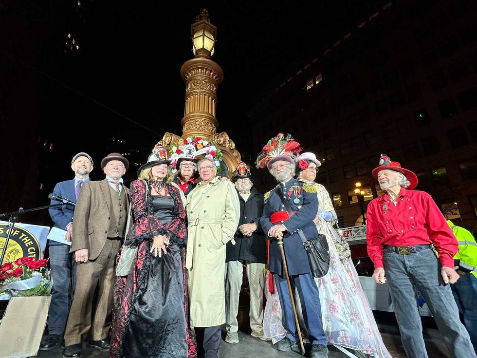 People gathered at Lotta's Fountain in San Francisco to remember the 1906 earthquake.