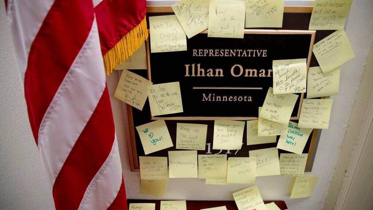 People leave post-it notes of support outside the office of Rep. Ilhan Omar, D-Minn., on Capitol Hill, Monday, Feb. 11, 2019, in Washington.