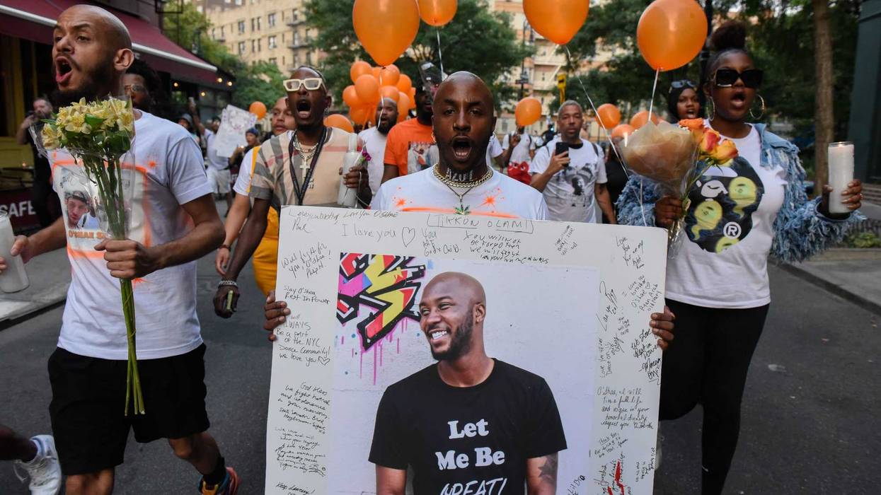 People participate in a memorial march for O'Shae Sibley in New York City on Aug. 5, 2023