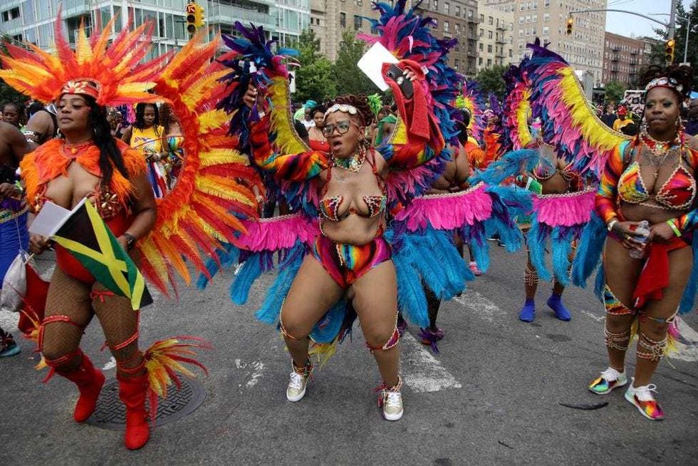 People participate in the West Indian American Day Parade marking the Labor Day in the Brooklyn Borough of New York City on September 04, 2023.