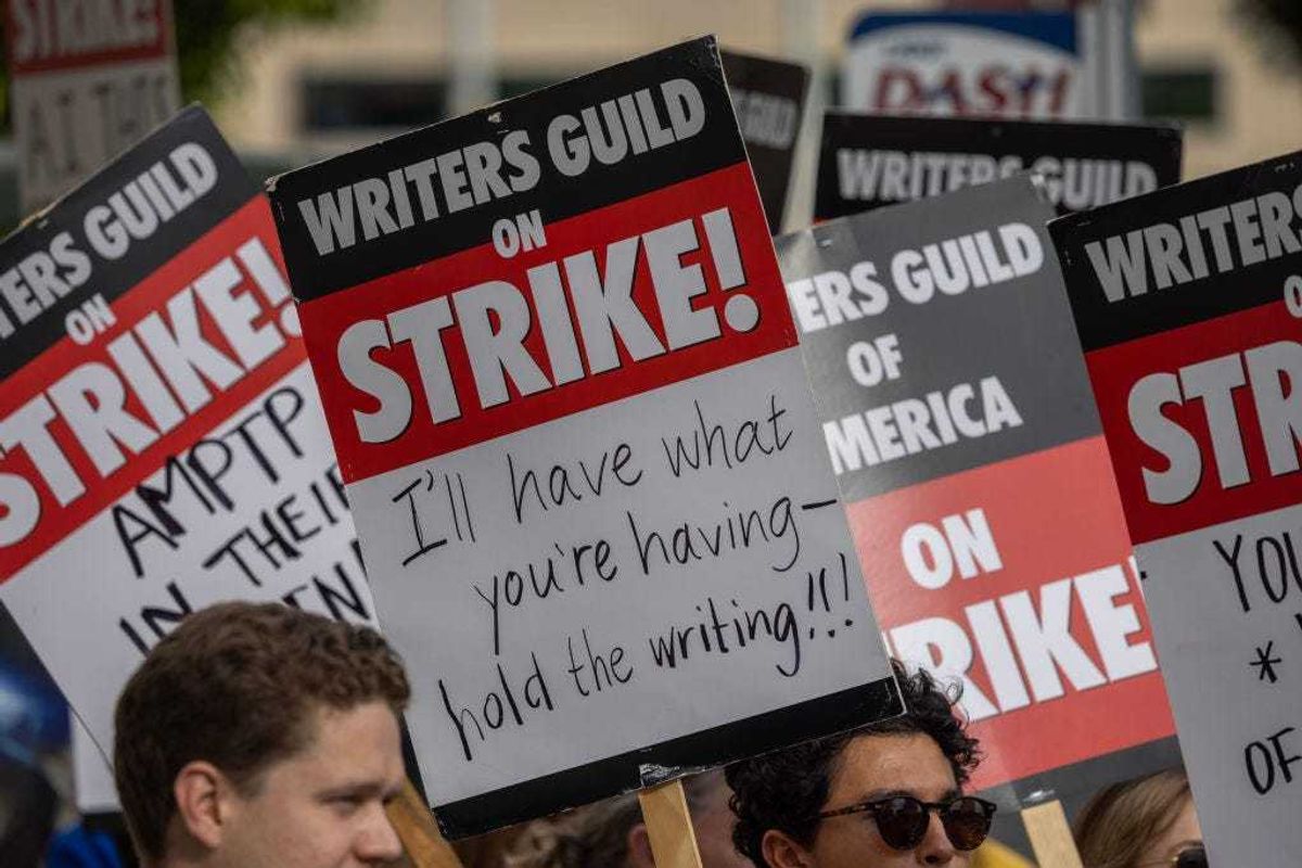 People picket outside of Paramount Pictures studios during the Hollywood writers strike on May 4, 2023 in Los Angeles, California.
