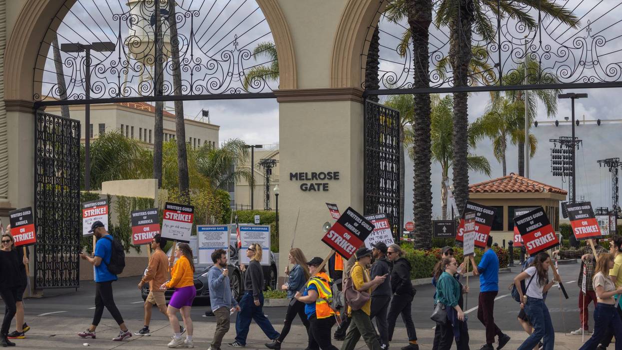 People picket outside of Paramount Pictures studios during the Hollywood writers strike on May 4, 2023 in Los Angeles, California.
