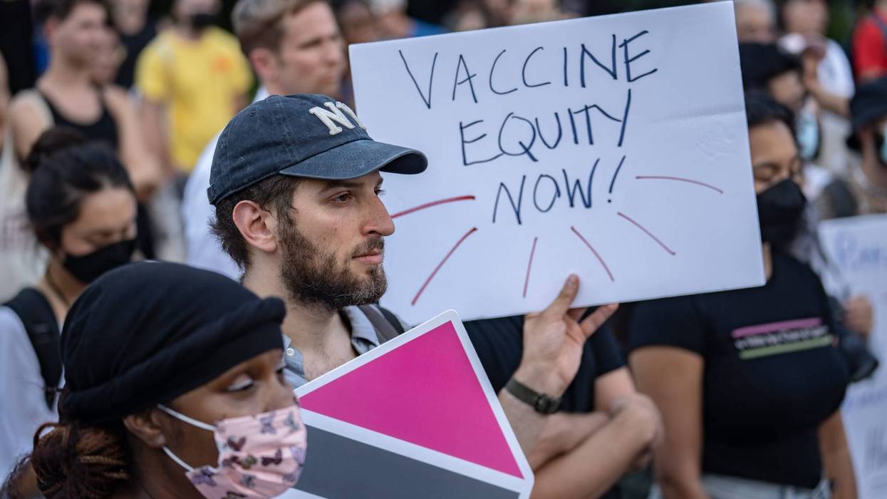 People protest during a rally calling for more government action to combat the spread of monkeypox at Foley Square on July 21, 2022 in New York City.