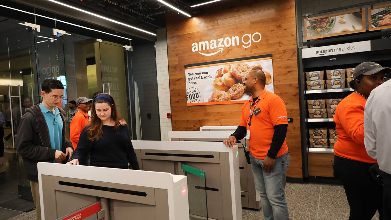 People shop at an Amazon go Store on May 07, 2019 in New York City.