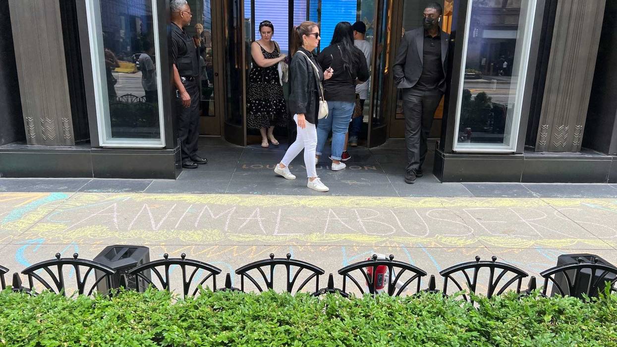 People stand outside of Louis Vuitton store