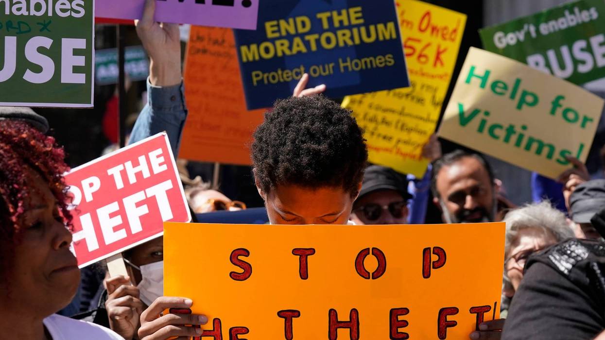 People take part in a rally to end the eviction moratorium outside City Hall in Oakland, Calif., Tuesday, April 11, 2023. Some landlords have gone without rental income for more than three years after Oakland approved an eviction moratorium in March 2020.