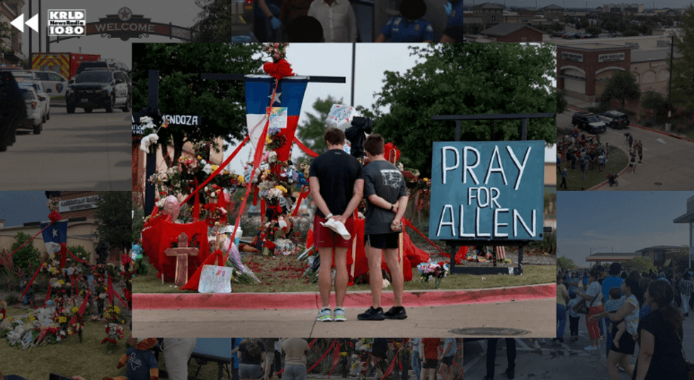 People visit the memorial setup near the scene of a mass shooting at the Allen Premium Outlets mall on May 9, 2023, in Allen, Texas.