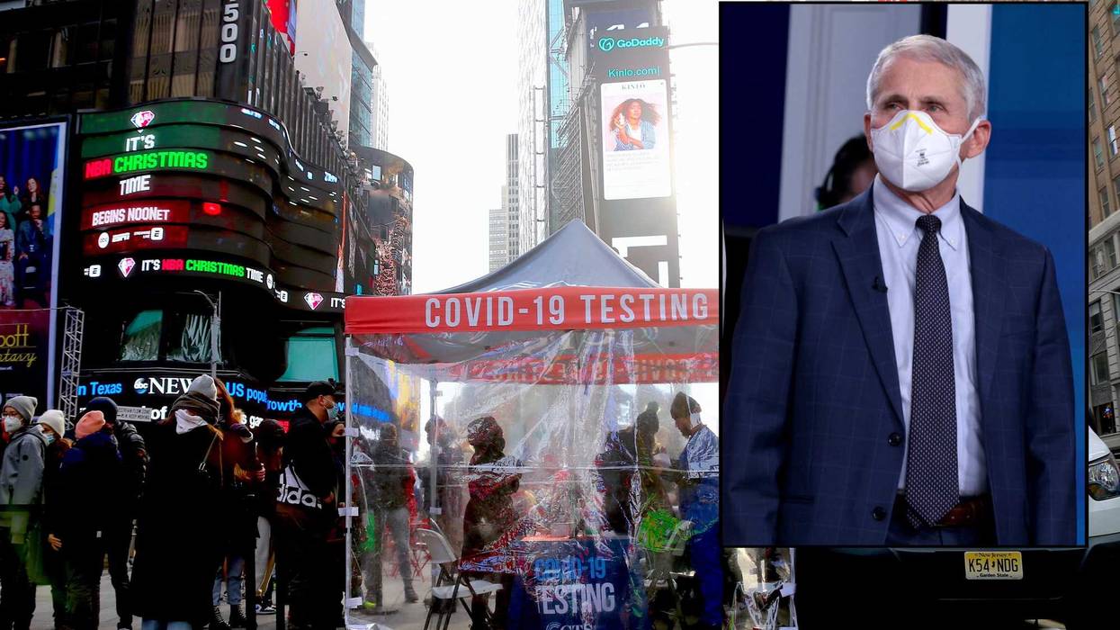 People wait in line to be tested for COVID-19 in Times Square. Inset: Dr. Anthony Fauci
